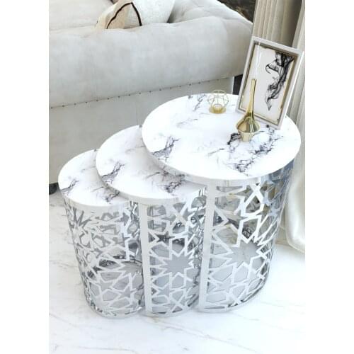 White Marble Pattern Silver Color Laser Cut Zigon Coffee Table Pad wohnzimmertisch طاولة غرفة معيشة столик из стекла