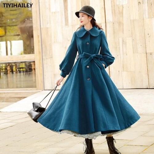 Free Shipping Boshow Long Mid-calf Winter Vintage Trench Women Outerwear S-L Lantern Sleeve Turn Down Collar Wool Green Belt