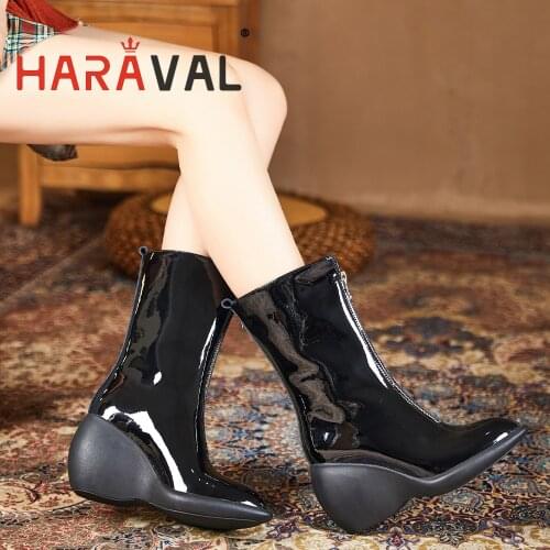 HARAVAL Women Wedges Mid-Calf Boots Shoes Motorcycle Boots Patent Leather Black White Solid Women Boots Shoes HIgh Heels E421L