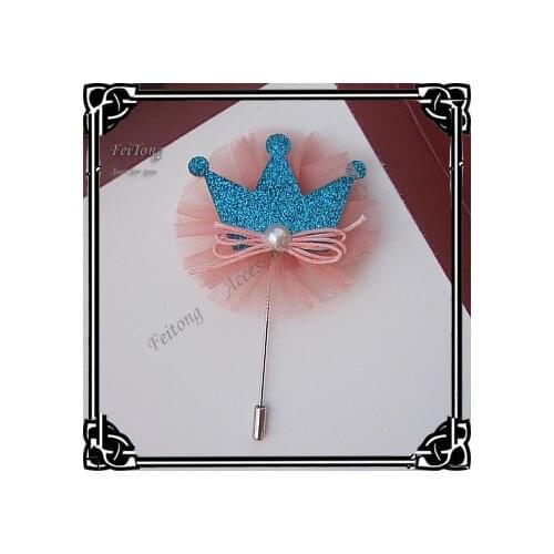 Free shipping!12pcs/lot 6cm New girl Crown mesh fabric flowers brooch pins lapel pin 3colors for your choice