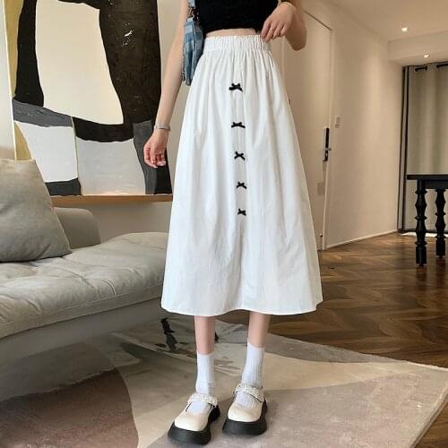 Elastic high waist solid women skirt bow-knot designed pleated calf length female long skirt fashion a-line girl summer 2021
