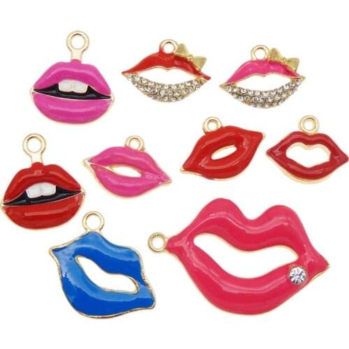 Julie Wang 9PCS Enamel Women Lip Charms Mixed Styles Alloy Gold Tone Necklace Bracelet Jewelry Making Accessory
