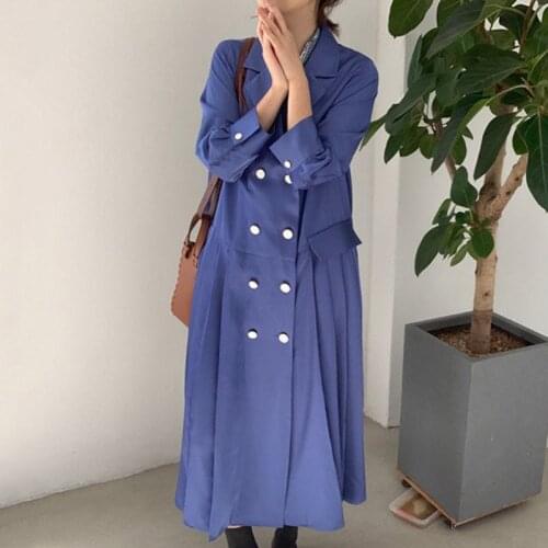 Korean Chic Early Autumn Retro Western Style Lapel Double-Breasted Pleated Stitching Design Long Suit Dress Women