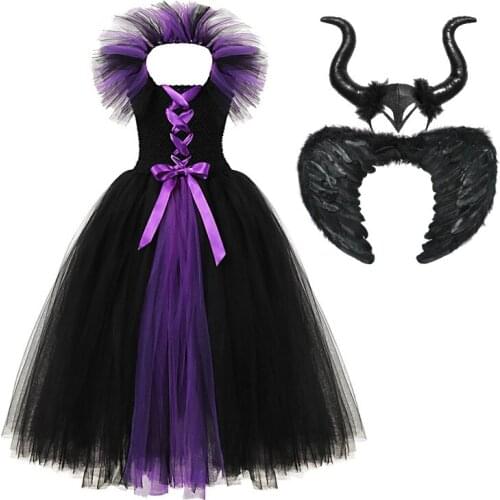 Halloween Costume for 2-12T Girl Maleficent 2 Dress Up Clothes Sleeveless Evil Queen Princess Tutu Dress with Devil Horn