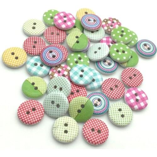 50PCS/Lot 15mm Grid Stripe Dots Pattern 2-holes Round Wooden Buttons For Sewing Clothing Scrapbooking Crafts Home Decor SC060