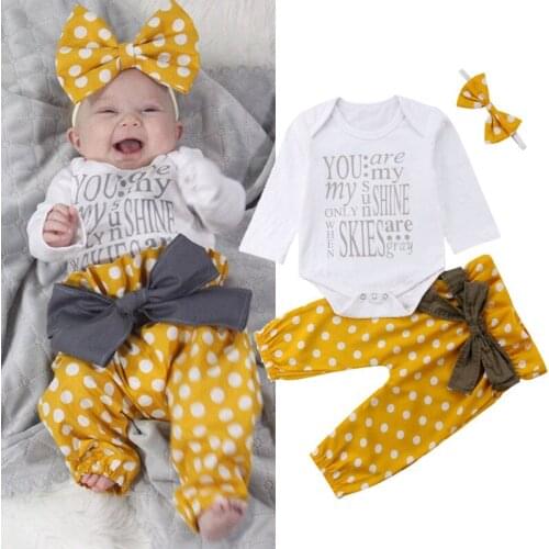 2019 Hot Cute Baby Girl Infant Tops Romper Dot Bowknot Pants Leggings Headband 3Pcs Outfits Clothes