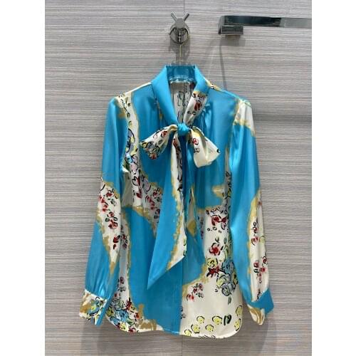 Fashion 2021 new ladies long-sleeved sexy casual print fluttering tie silk shirt 0118