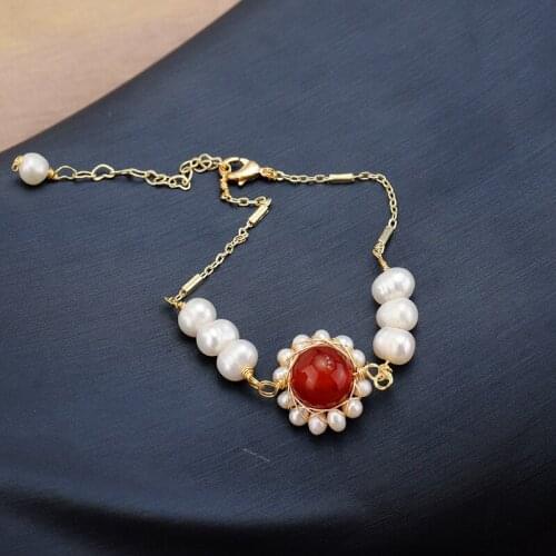Korea New Pearl Bracelet Red Agate Crystal Bracelet Plated with 14K Gold Bracelet Personalized Jewelry Factory Wholesale Tide