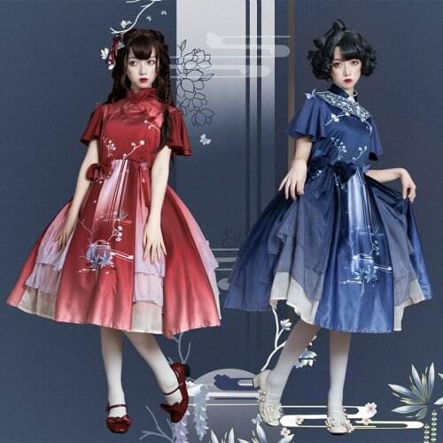 Original Design Moon in the Mirror Womens Lolita Dress Summer Chinese Chipao Style Gorgerous Dress One Piece Blue & Red