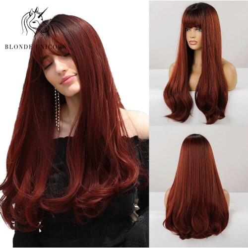 Blonde Unicorn Natural Long Straight Synthetic Hair Wigs Dark Root Ombre Wine Red for White Black Women Heat Resistant Fiber