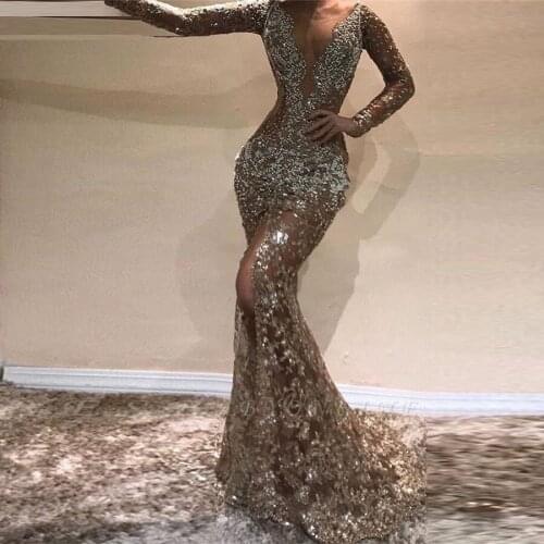 Open Back Embellishment Prom Dress Bead abiye abendkeilder Evening Dresses Front Slit Vestido De Festa Full Sleeves Formal Gown