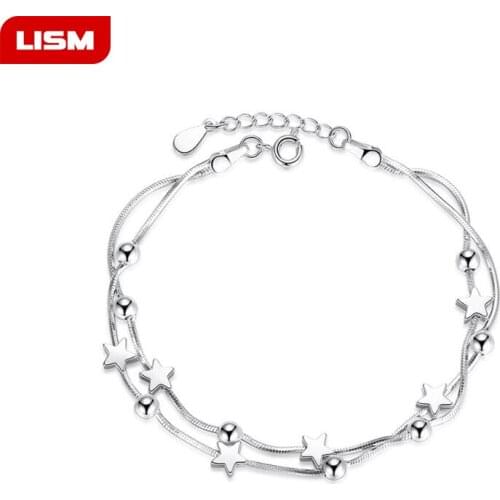 Silver Plated Bracelets Double Layered Stars Beads Chian Bracelets & Bangles For Women Girls Wedding Jewelry