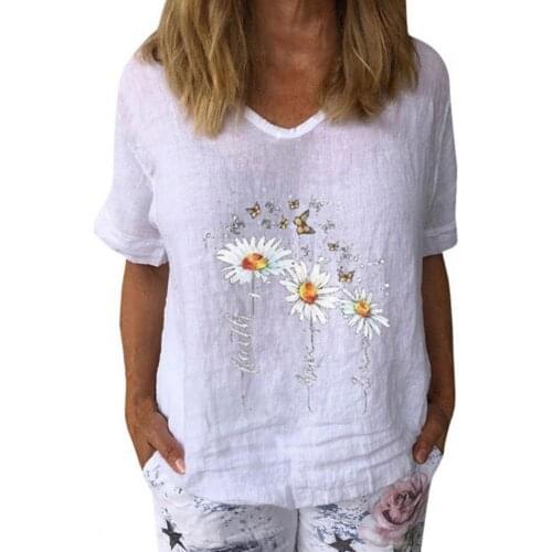 Casual Women T-shirt V Neck Marguerite Butterfly Printed Short Sleeve Blouse Top for Summer