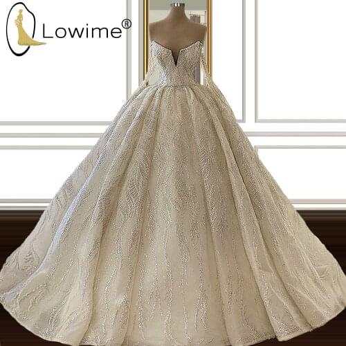 Puffy A Line Long Sleeve Wedding Dresses V Neck Pearls Ruched Bridal Gowns Vestidos De Novia robes de mariée