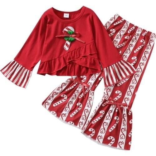 18M-6T 2Pcs Christmas Festival Costumes Striped Red Flare Long Sleeve Ruffles Tops+Flare Pants Outfit Sets