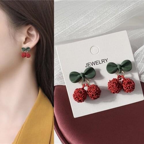 Funny Cute Green Leaf Red Cherry Pendant Drop Earrings for Women Girls Teens Ear Jewelry Fruit Earrings 2021 Trend New Arrival