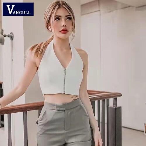 Vangull Sexy 2021 Summer New Street Style Zipper Umbilical Hanging Neck Sling Solid Top V-neck Slim Halter Short Women Vest