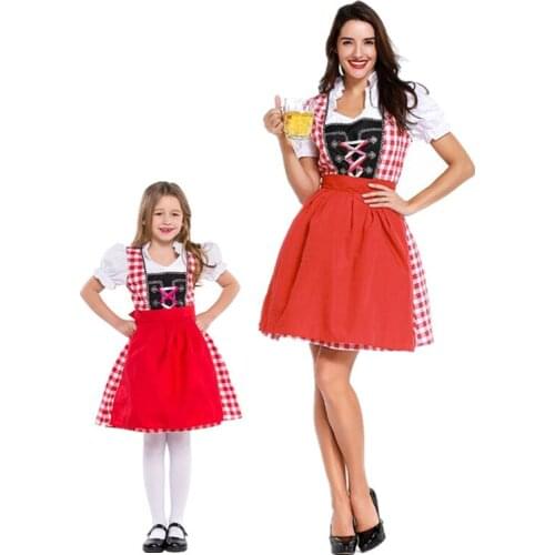 Adult Kids Beer Festival Costumes For Woman Girls Red Lattice Germany Oktoberfest Dirndl Dress Apron Blouse Gown