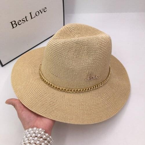 Wide-brim hollow out summer khaki chain and letters womens Straw hat boom sunshade hat