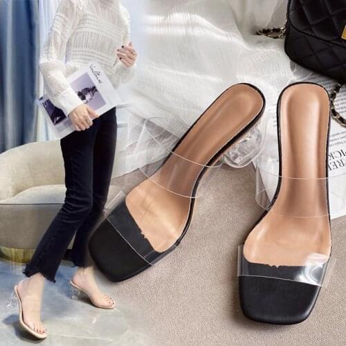 Womens Summer Shoes 2021 New Fashion Solid Color Crystal High Heel 6-8 Cm Slippers Transparent One-word Shoes