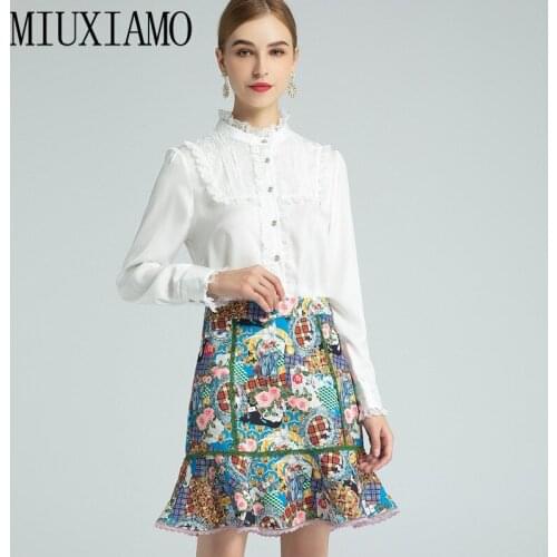 MIUXIMAO 2021 Spring Summer Flower Print Lace O-neck Long-sleeve Shirt + Ruffles Mini Skirt Set Two-piece Set WomenVestidos