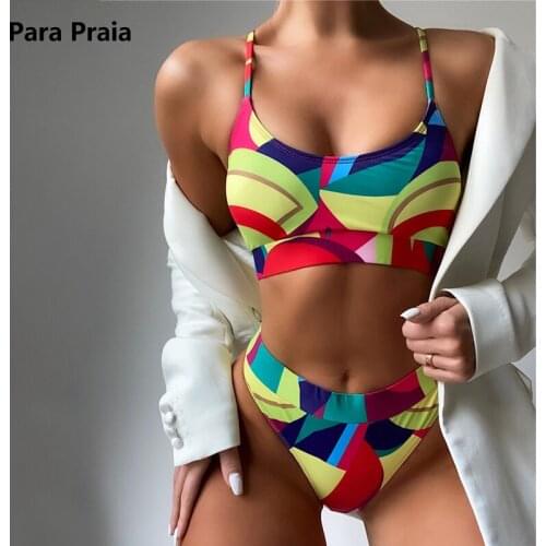 Para Praia 2021 Sexy Colorful Bandeau Swimsuit Women Push Up Print Bikinis Set High Waist Bathing Suit Thong Swimwear Summer