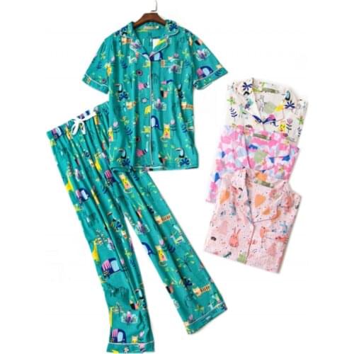 Summer Female Casual Cartoon Pajama sets Ladies Cotton Sleepwear suit Women Short sleeve turn-down collar shirt & Pants XL