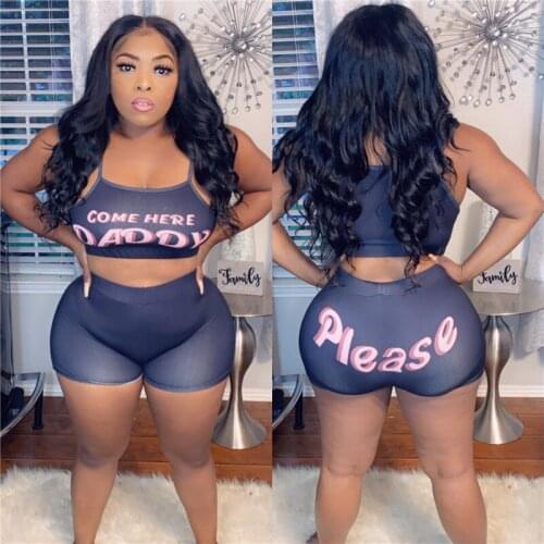 Imcute Fitness Sexy Women Sets Letter Print Summer 2 Piece Set Tank Crop Top + Skinny Biker Shorts Chic Suit Tracksuit 2021