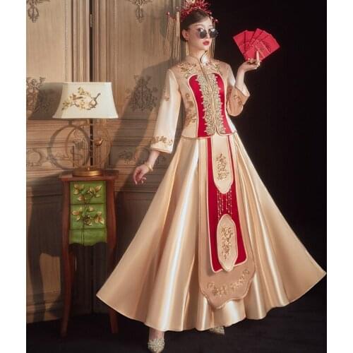 Women Banquet Bride Dress Chinese Traditional Wedding Champagne Three-Quarter Sleeve Embroidery Cheongsam китайская одежда