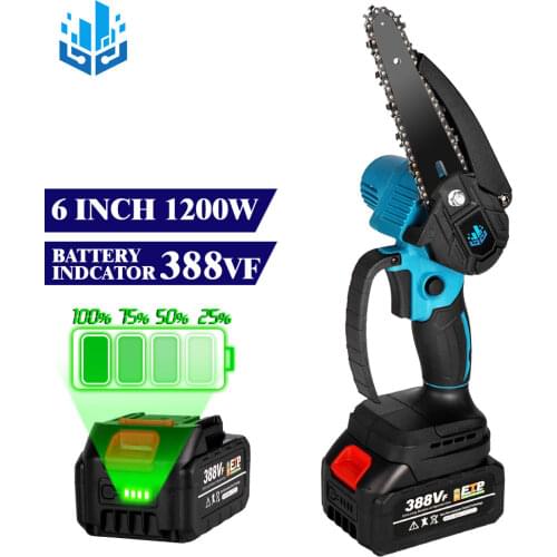 6 Inch 1200W Mini Electric Chain Saw With Battery Indicator 128VF/388VF Rechargeable Woodworking Tool For Makita 18V Battery