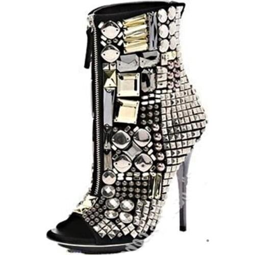 Crystal Shiny Booties Peep Toe Zip Up Stiletto High Heels Short Boots Rhinestone Bling Bling Sequined Women Shoes Manufacturer