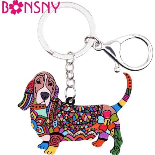 Bonsny Acrylic Pattern Basset Hound Key Chain Key Ring Dog Bag Handbag Charm Keychain Accessories New Fashion Jewelry For Women