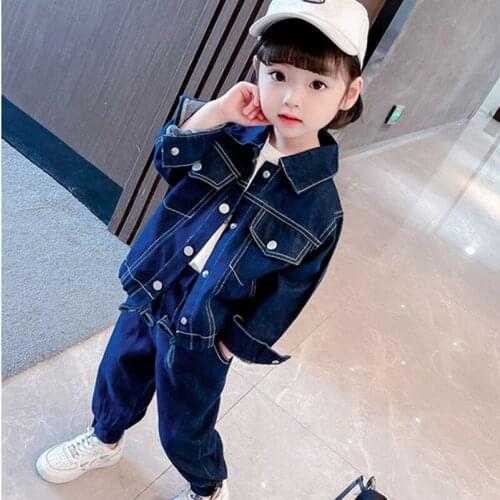 Kids Clothes Boys Girls Clothing Sets 2021 Autumn Fashion Solid Jeans Cargo Suit Cotton Long Sleeve Loose Denim Coat+Jeans Pant