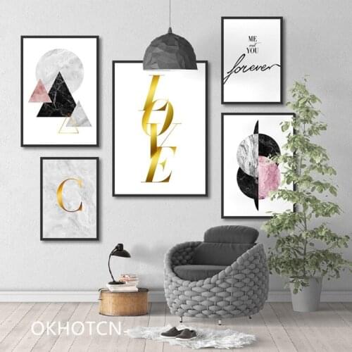 Geometric Triangle Golden Love Letter Black White Wall Art Canvas Painting Nordic Posters And Prints Wall Pictures Decoration