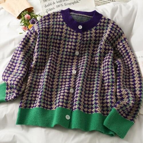 Korobov Vintage Hit Color Plaid Striped Kawaii Cardigan Korean O Neck Long Sleeve Sweater Autumn New Single Breasted Cardigan