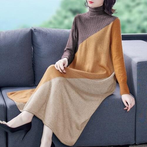 LUKAXSIKAX 2020 New Autumn Winter Women Woolen Knitted Slim Base Dress High Quality Fashion Contrast Color Sweater Dress