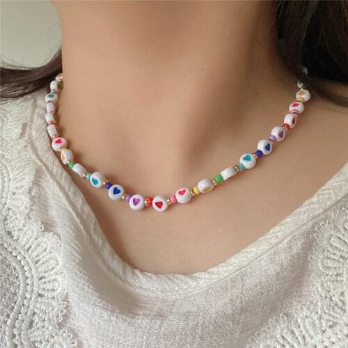 Lovely Green Pink Yellow Blue Colorful Heart Printed Strand Necklace For Women Girl Elegant Sweet Romantic Summer Cute Jewelry