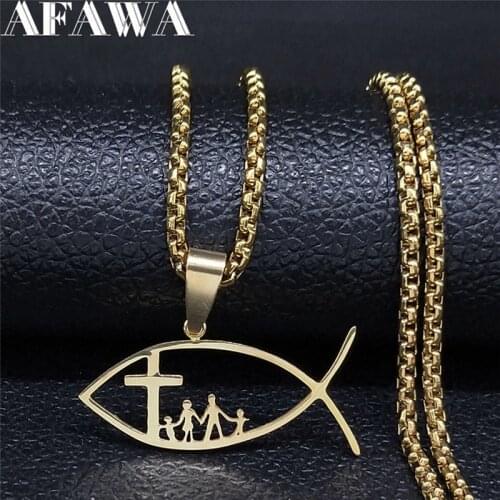 Fish Cross Family Stainless Steel Long Necklace Women/Men Gold Color Necklaces Pendants Jewelry cadenas para hombre N1048S02