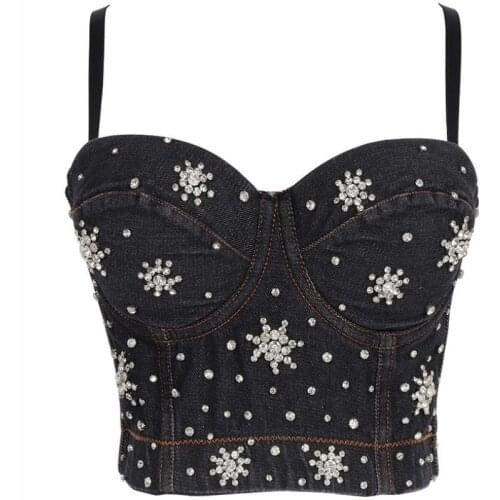 Womens Hot Sexy Diamond Beading Camisole Vest Bra Push Up Night Club Bralette Crop Tops Elastic Clothing Corset Boutique Wear