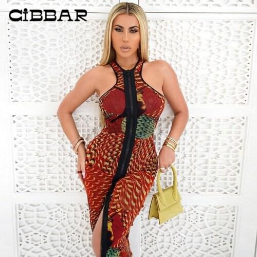 CIBBAR Vintage Print Zipper Skinny Maxi Dress Women O Neck Sleeveless Hollow Out New Fashion Elegant Partywear Bodycon Dresses
