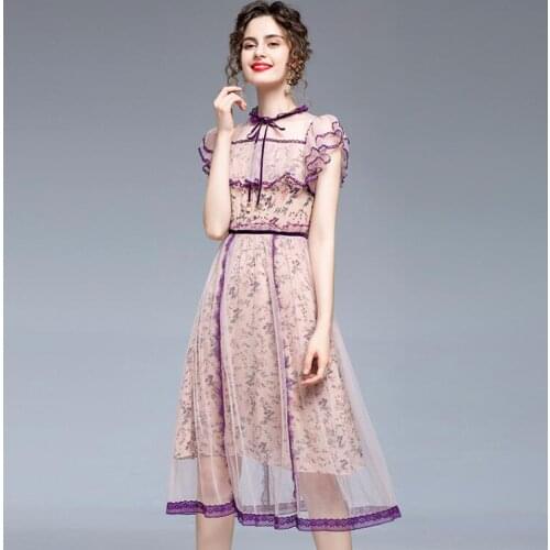 Womens spring summer short sleeve flower print mesh dress female medium long slim chic dress TB568