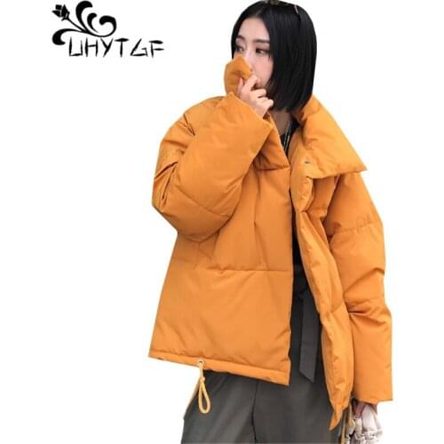 UHYTGF Winter down jacket Parker womens korean loose plus size cotton coat Single-breasted straight student short outerwear 786