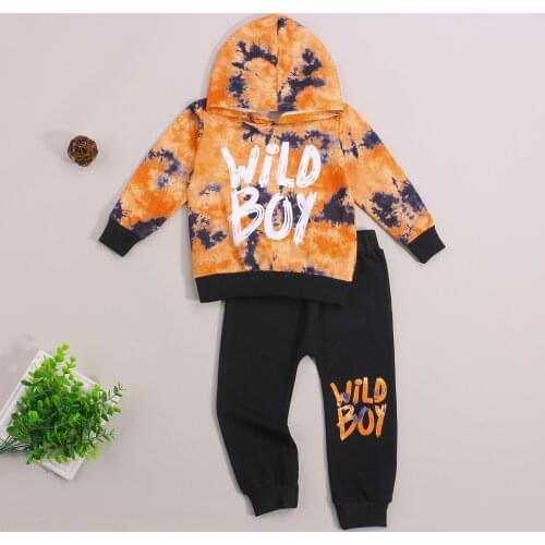 FOCUSNORM 1-6Y Fashion Kids Boys Clothes Sets 2pcs Letter Tie-Dye Printed Pullover Hooded Tops Pants Outfits Autumn