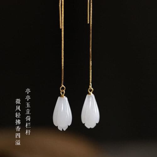 S925 Sterling Silver Orchid Hanging Earrings Elegant Natural Hetian Jade Magnolia Earrings Retro Ethnic Style Linglan Earrings