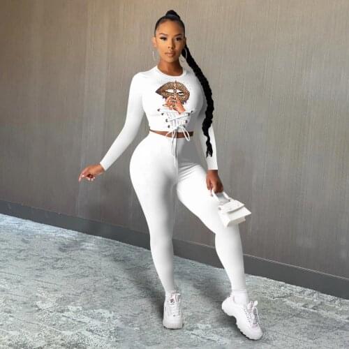 Cartoon printed poker letters, printed long-sleeved bandage cropped top and trousers, autumn womens street sportswear two-piece