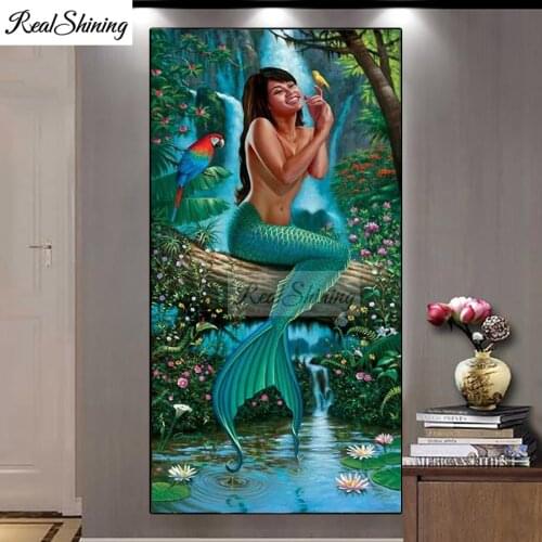 Waterfall Parrots DIY diamond painting Mermaid Elf Gift Square Round Diamond full diamond Mosaic Diamond Embroidery large F972