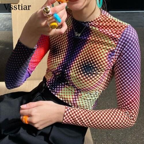 Vsstiar Polka Dot Tees 2021 Spring Tie Dye Long Sleeve Skinny T-Shirt Women Autumn Abstract Printed Sexy Women Shirts Clubwear
