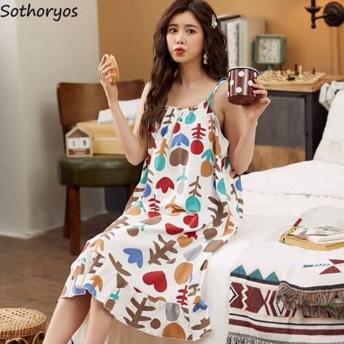 Women Spaghetti Strap Sleepshirts Bandage Printed Loose Students Large Size M-5XL High Quality Nightgowns Fashion Females Lounge
