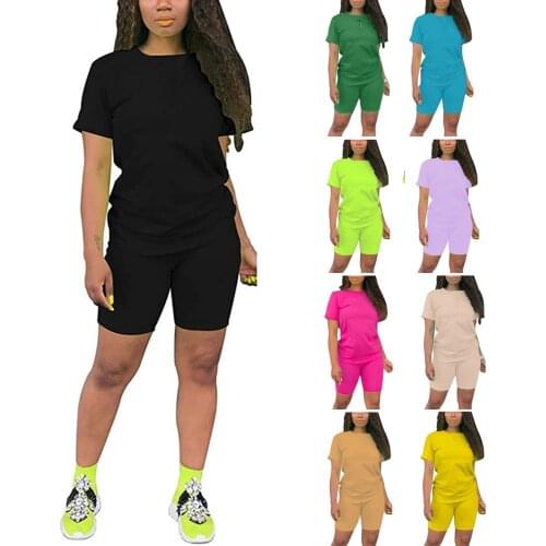 2021 Womens Casual Sports Suit Summer Fashion Solid Color Short Sleeve T-shirt And Shorts 2 Pieces Set Tracksuit Outfits#G30