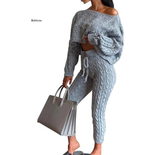 Autumn Women Knitted Sweater 2Pcs Sets Sexy Off Shoulder Solid Cropped Top+Pants Joggers Tracksuit Suit Outfits Sets Plus Size